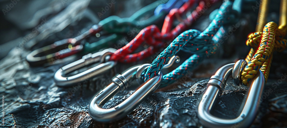Climbing ropes and carabiners suspended Climbing ropes and carabiners suspended