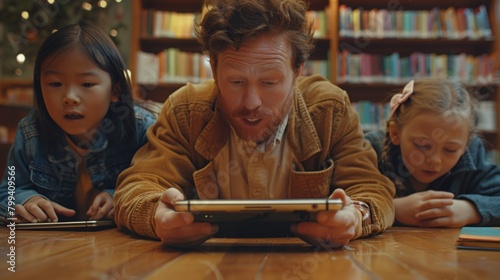Man and Two Children Viewing Tablet