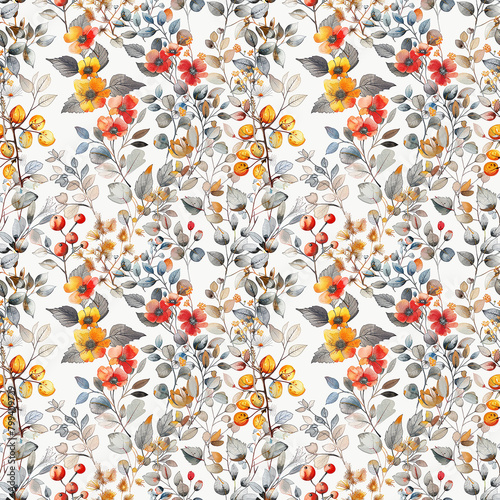 Watercolor Painting of Flowers and Leaves on White Background