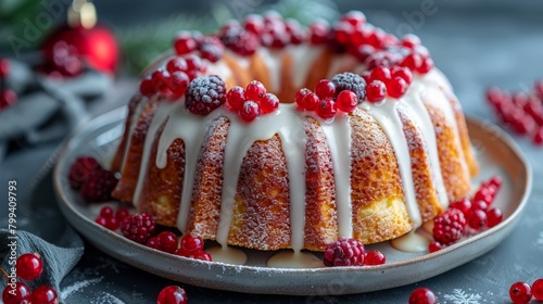 Bundt Cake With Icing and Cranberries on Plate