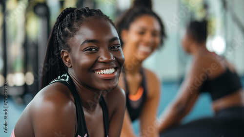 Happy black woman warming up with her female friend during sports training in gym.