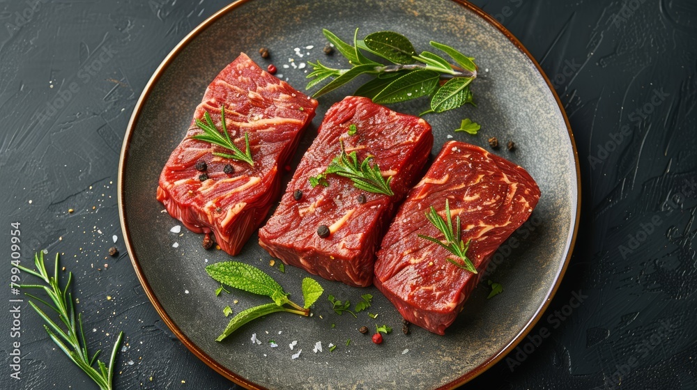 Plate of Raw Meat With Herbs