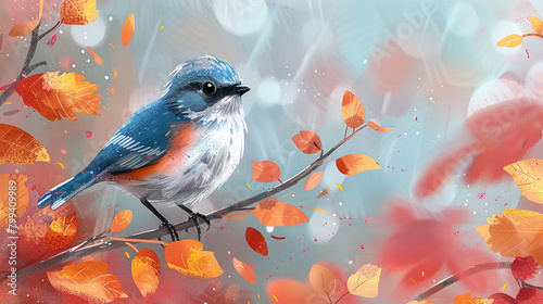  A blue bird perched on a tree branch surrounded by autumn leaves against a blue sky background