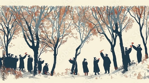   A painting of people huddled in the snow, hands raised above their heads before trees