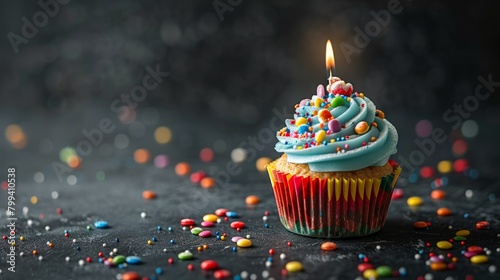 Cupcake With Lit Candle Surrounded by Sprinkles