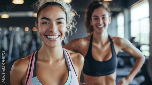 Happy woman warming up with her female friend during sports training in gym.