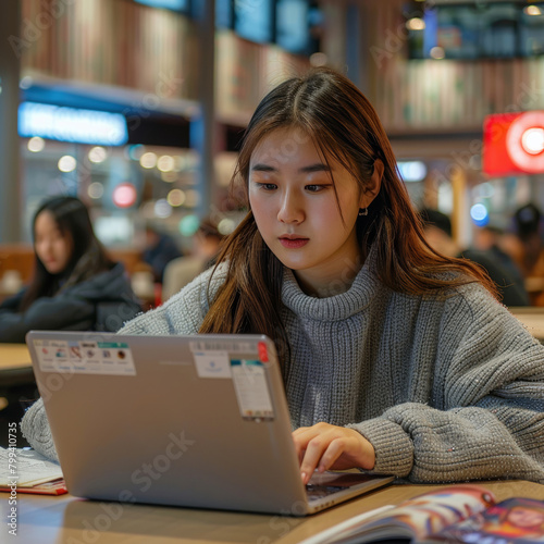 Woman Sitting at Table Using Laptop Computer