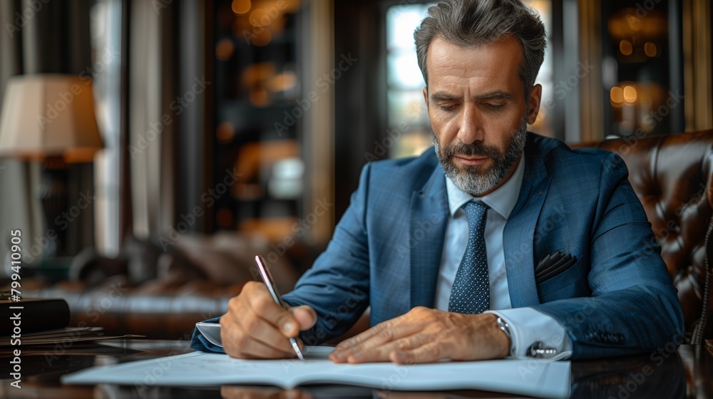 Fototapeta premium Man Writing on Paper at Desk
