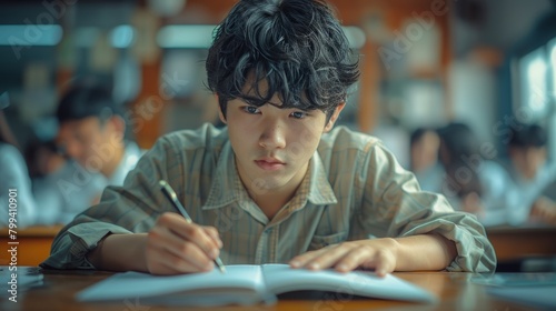 Man Sitting at Desk Writing on Paper