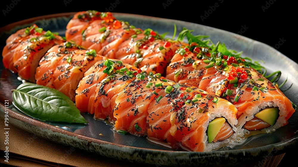 Sushi plate on black surface with green garnish Sushi plate on black surface with green garnish