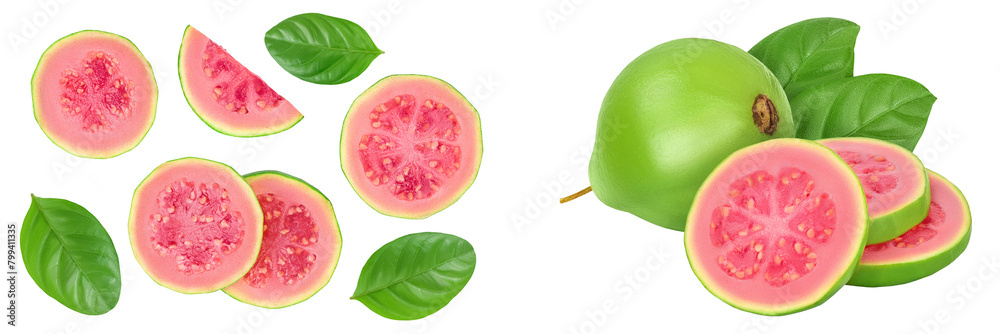 Guava fruit slices isolated on white background with full depth of field. Top view. Flat lay Guava fruit slices isolated on white background with full depth of field. Top view. Flat lay