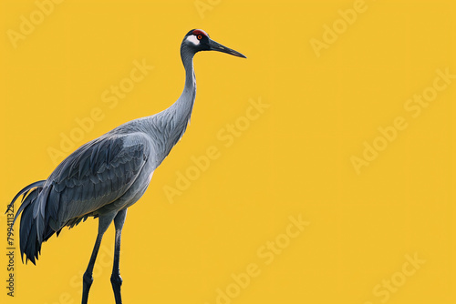 Grey crane on yellow background looking left with neck extended