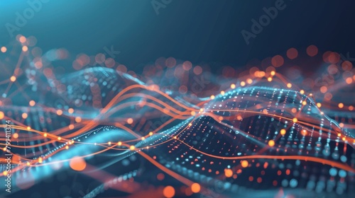 Digital technology network wave. Abstract background with moving dots and lines