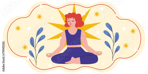 Redhead Yoga Girl  in lotus pose, Illustration concept.  Vector Yoga Girl. Flowers, Stars, Meditation, Art, Illustration, Asana, For Yoga studio or just like yoga sticker.