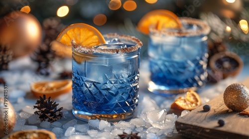 Two Glasses Filled With Blue Liquid Next to Pine Cones photo