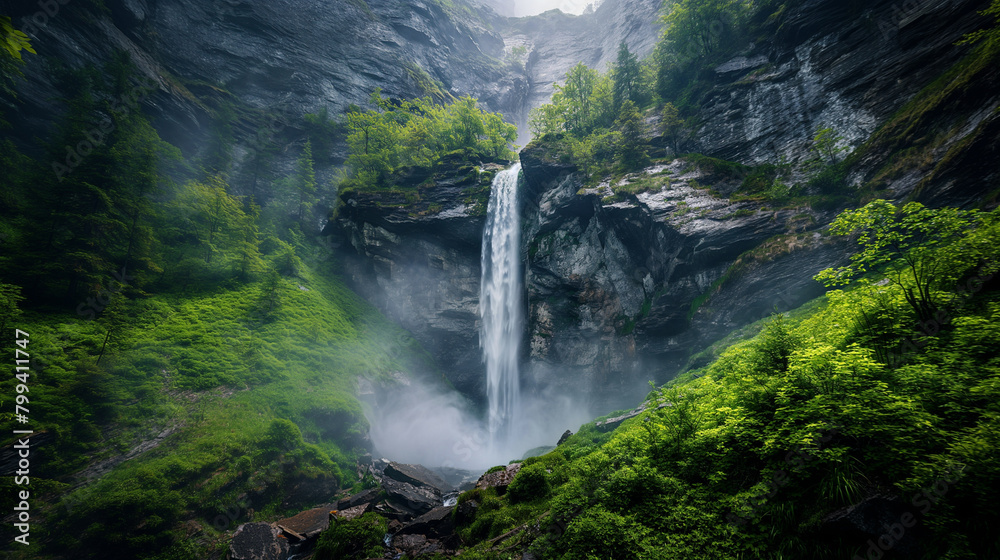 Majestic waterfall in misty mountain forest