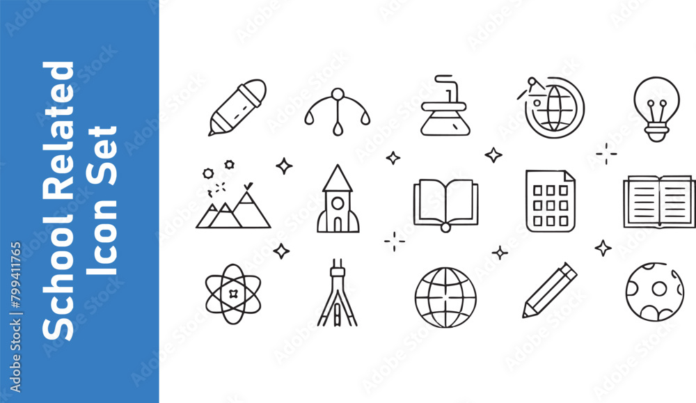 Fototapeta premium Vector illustration school related icon set. School icons school subjects, supplies, science. Vector collection. 