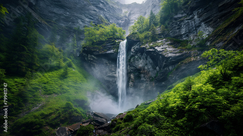 Majestic waterfall in misty mountain forest