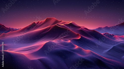  A mountain range under a purple-hued sky, adorned with a star-filled expanse and distant twinkling stars