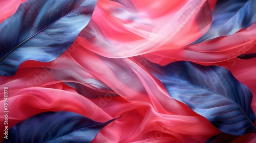  A close-up of a red and blue background with leaves at the image bottom