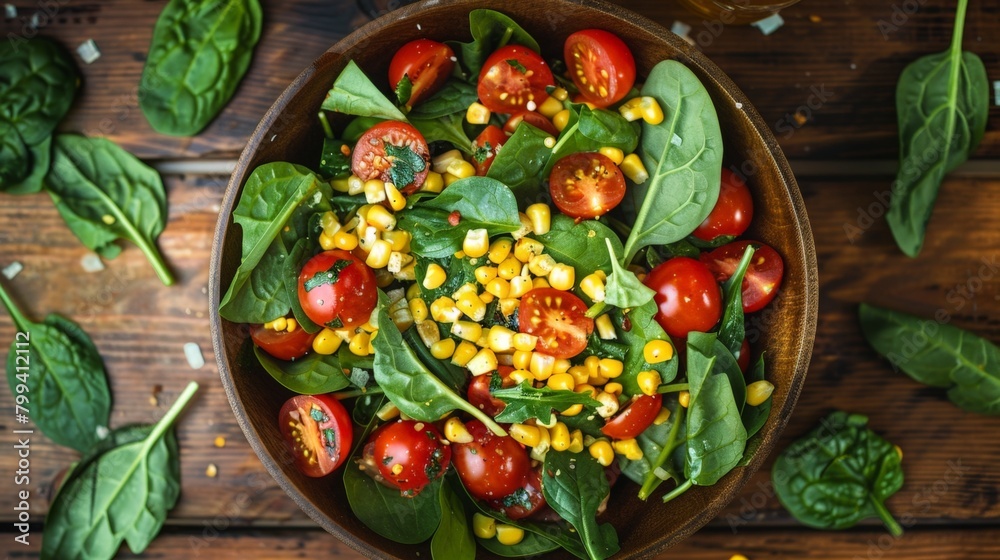 Spinach, corn, and tomatoes in a wooden bowl on a table