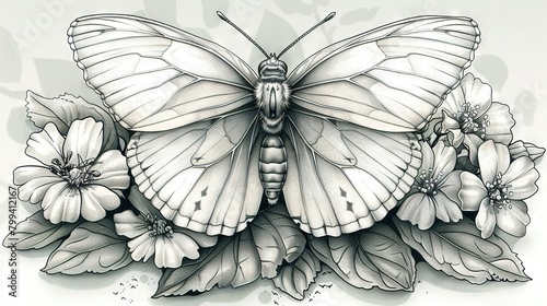   A black and white illustration depicting a butterfly adorned with floral motifs on its hindwings, with another butterfly gracing its forewings photo