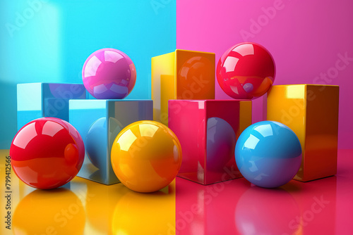 Glossy colorful spheres and blocks against pink-blue wall 3d background