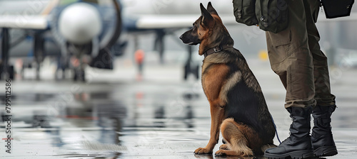 the dog sits next to the dog handler’s legs against the backdrop of the airport © Oleksandr