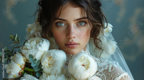 Woman in Wedding Dress Holding Bouquet of Flowers