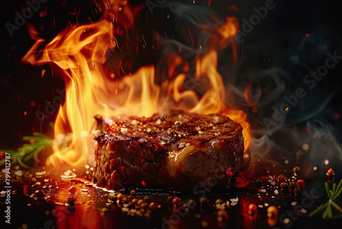 juicy steak on fire against black background, food advertising