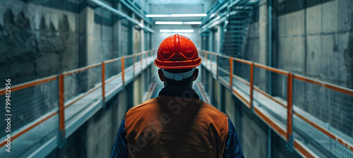 A man in a hard hat walks down the corridor at an industrial enterprise