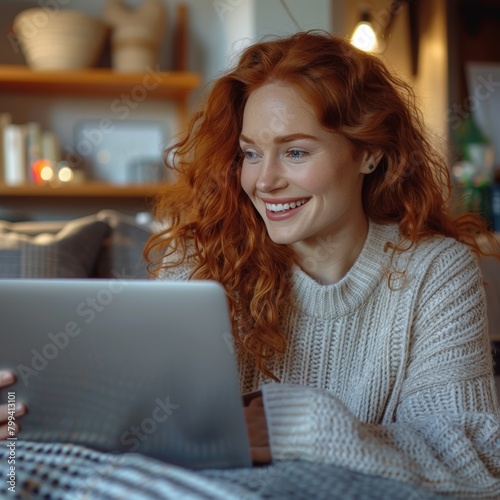 Woman With Red Curly Hair Sitting in Front of Laptop