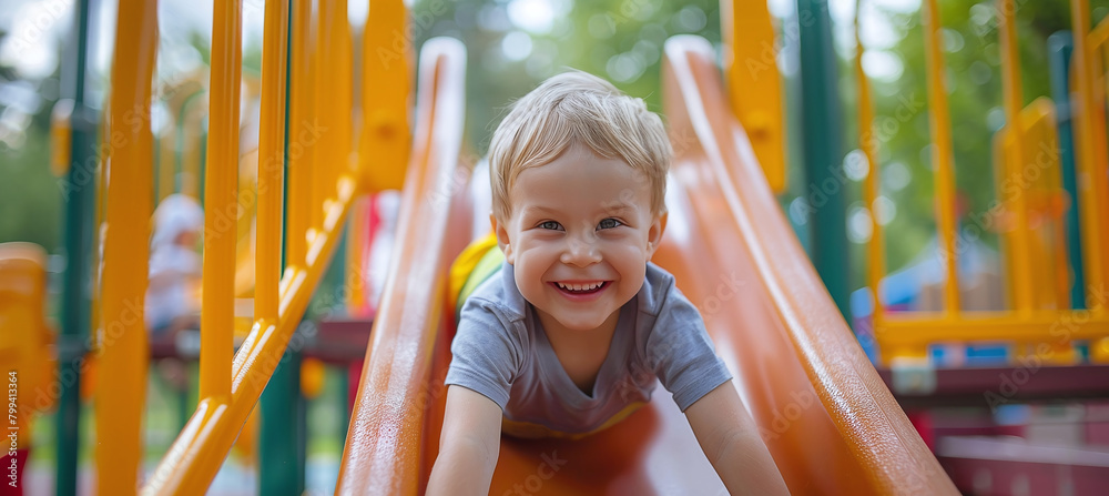 happy preschooler playing on a slide at the playground in summer happy preschooler playing on a slide at the playground in summer