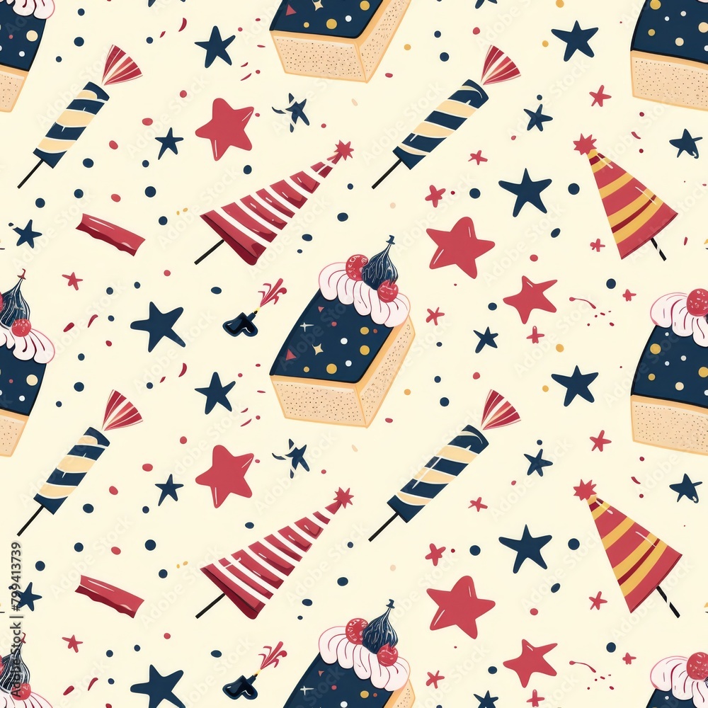 Fototapeta premium Simple Seamless Birthday Cake and Party Blowers Pattern