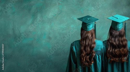 Two Graduates in Green Caps and Gowns Facing Each Other photo