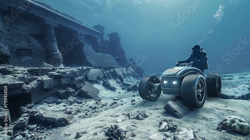 Exploring Ancient Ruins Diver Explores Underwater City with RemoteOperated Vehicle photo