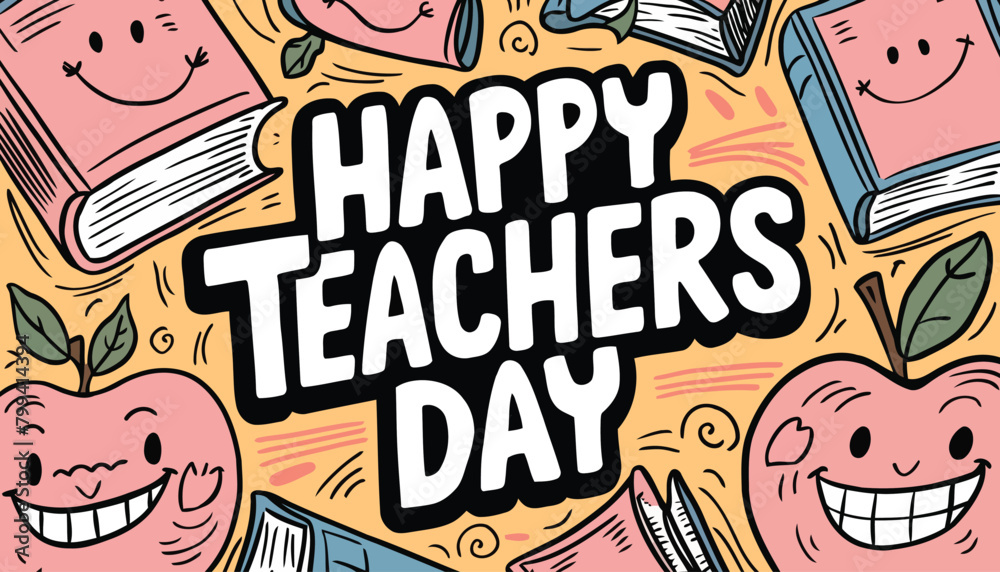 Obraz premium Happy Teachers Day Background Poster Design with doodle art