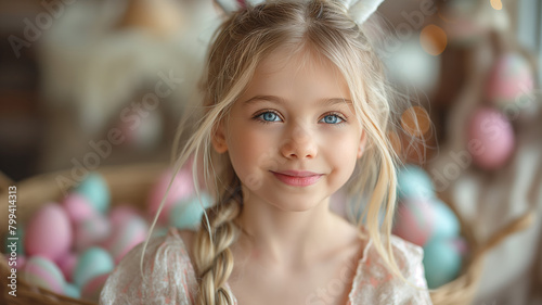 Portrait beautiful girl in rabbit ears holding backet of Easter eggs. Happy Easter holiday background photo