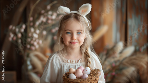 Beautiful girl in rabbit ears holding backet of Easter eggs. Happy Easter holiday background photo