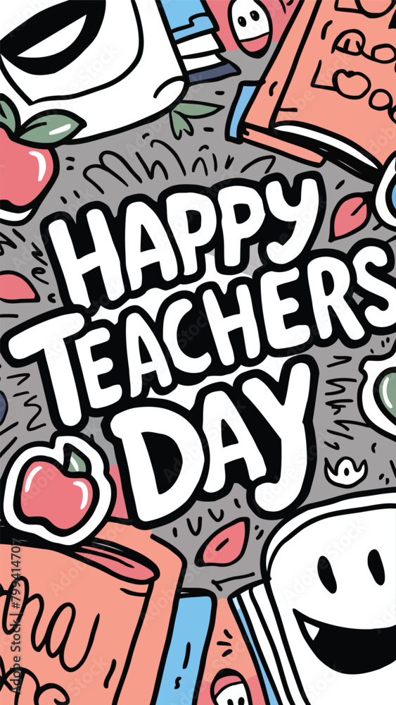 Obraz premium Happy Teachers Day Background Poster Design with doodle art