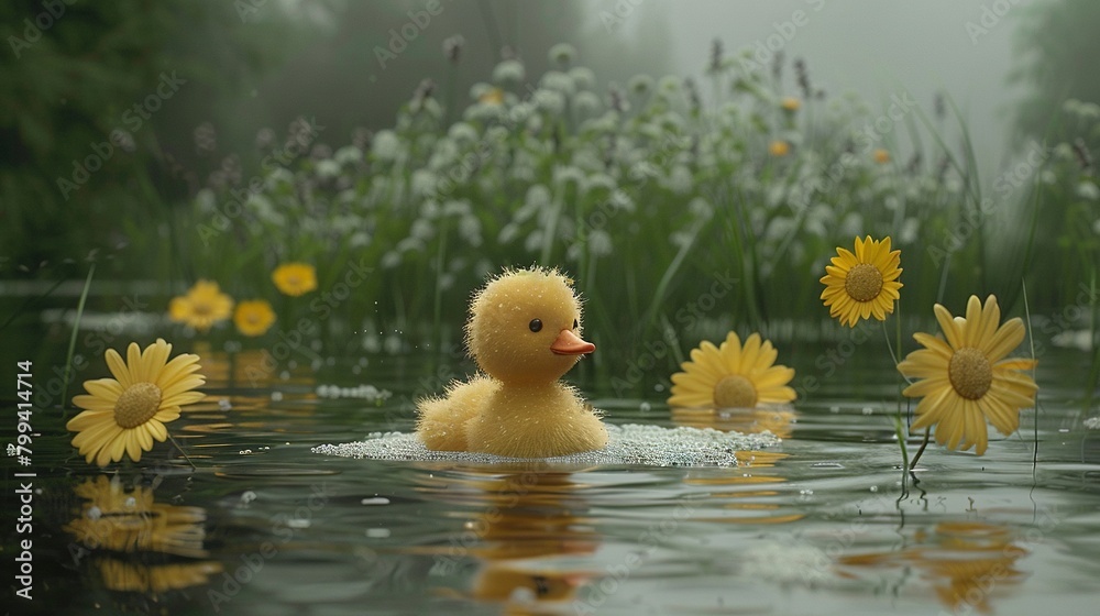   A rubber duck floats above a field of green with yellow flowers