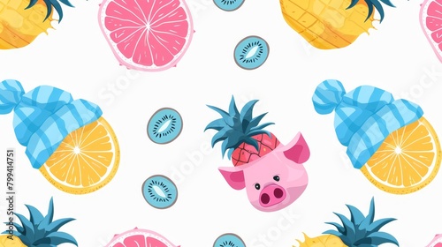  A white background features a arrangement of pineapples, oranges, and a pink pig adorned with a blue bow