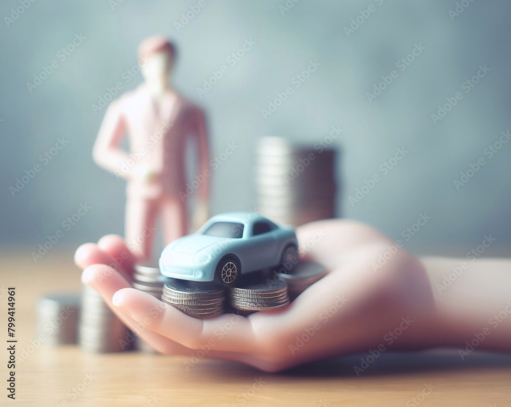 Fototapeta premium House and toy car on a pile of coins in the palm of a businessman, generative ai art