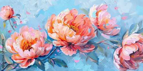 Fototapeta Naklejka Na Ścianę i Meble -  peach-colored peony flowers on soft blue painted from acrylic oil bright paint large strokes