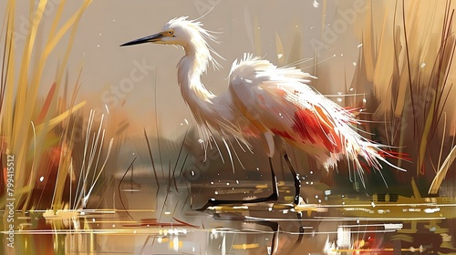   White Egret Standing in Water with Reed Foreground photo