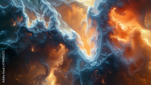  A computed image of a blue-yellow fire and ice pattern against black backdrop, adorned with white and orange swirls on its left side