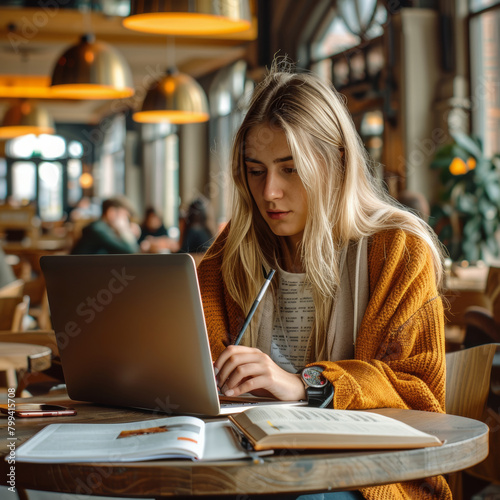 Woman Working on Laptop at Table