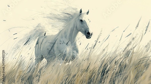   A white horse gallops across tall grass as wind whips its mane