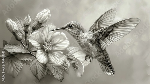   Black-and-white photo of hummingbird perched on a flower branch with white background