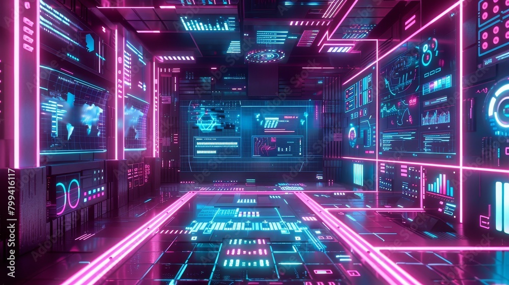 Vibrant Futuristic Data Analysis Neon Digital Graphs 3D Models in Modern Office Environment Vibrant Futuristic Data Analysis Neon Digital Graphs 3D Models in Modern Office Environment